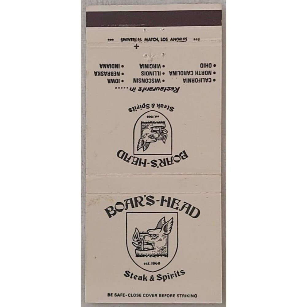 Matchbook Cover Boar’s Head Steak & Spirits Restaurant Est 1969 Vintage